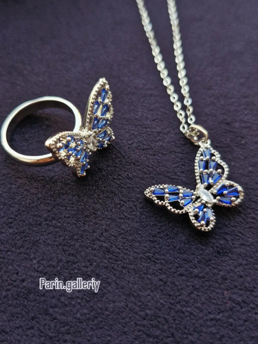ست انگشتر و گردنبند پروانه کریستالی آبی🦋💙