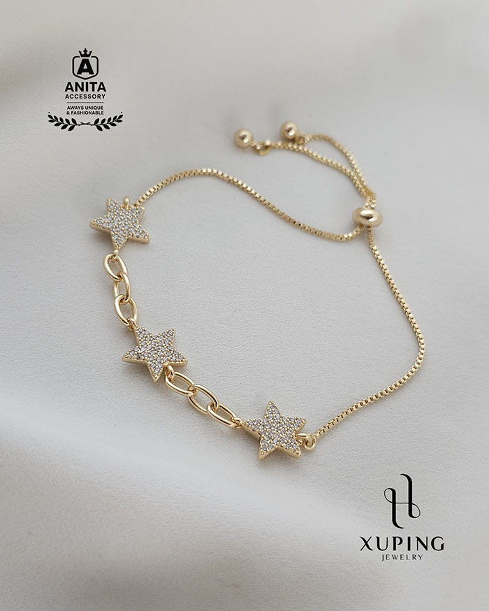 دستبند کرواتی ستاره ژوپینگ،رنگ ثابت،ضدحساسیت،دخترانه،مشابه طلا،نگین مخراجکاری،ظریف و خوش دست،برند معتبر ژوپینگ