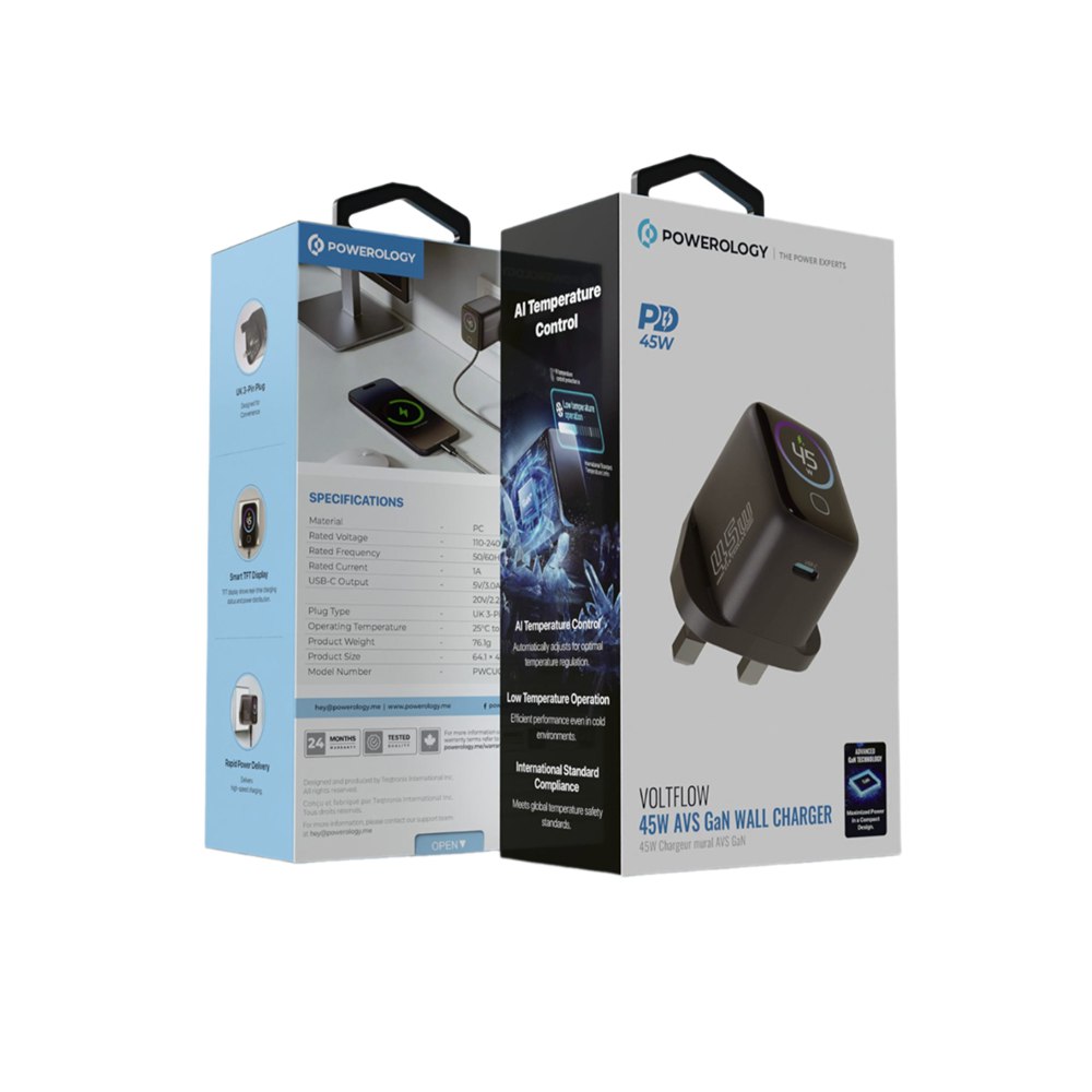 نمای نزدیک از جزئیات و ساختار محصول شارژر دیواری پاورولوژی 45W مدل Voltflow PWCUQC069 | شارژر و لوازم شارژ | خرید آنلاین