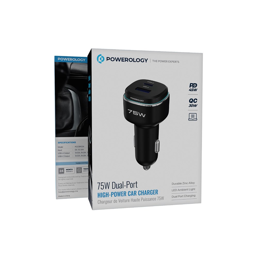 نمای پشت و بخشهای قابل مشاهده محصول شارژر فندکی 75 وات پاورولوژی Powerology مدل PCCSR024BKOG | شارژر و لوازم شارژ | خرید آنلاین