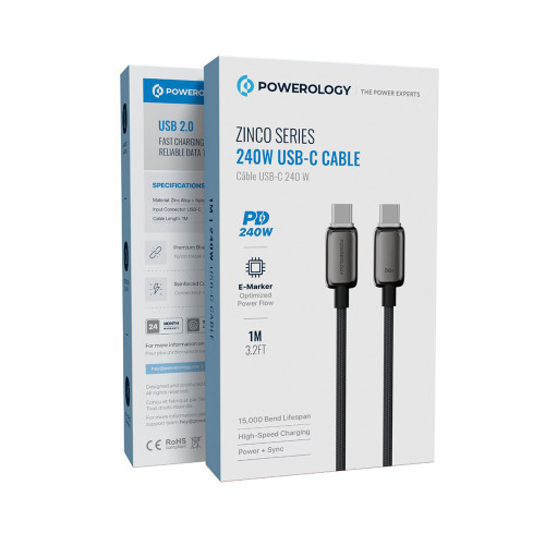 نمای جانبی و ابعاد ظاهری محصول کابل USB-C سری Zinco با توان ۲۴۰ وات مدل: PWDC99DGY 7646 | کابل و مبدل | خرید آنلاین