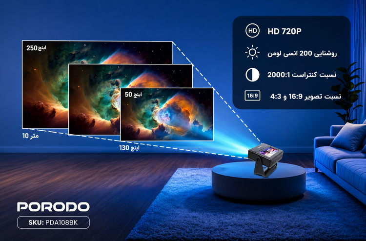 جزئیات طراحی و کیفیت ساخت محصول ویدئو پروژکتور هوشمند پرودو مدل PDA10B با شدت نور ۴۸۰ لومن | گجت و لوازم الکترونیکی | خرید آنلاین
