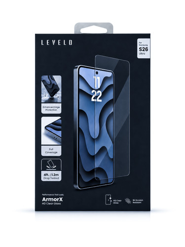 نمای بستهبندی و ارائه محصول گلس LEVELO ArmorX مناسب Samsung S26 Ultra | لوازم جانبی موبایل | خرید آنلاین