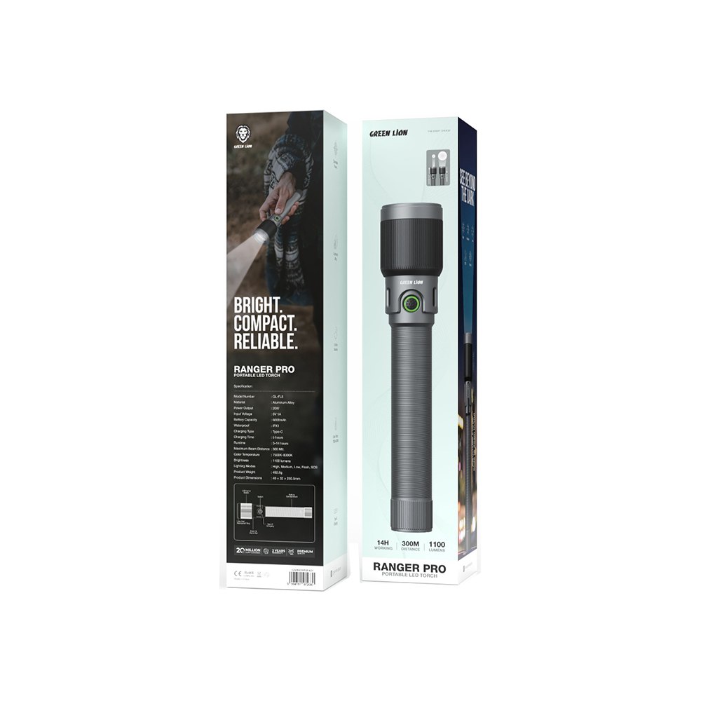 نمای جانبی و ابعاد ظاهری محصول چراغ قوه گرین Green lion Ranger Pro Portable LED Torch | گجت و لوازم الکترونیکی | خرید آنلاین