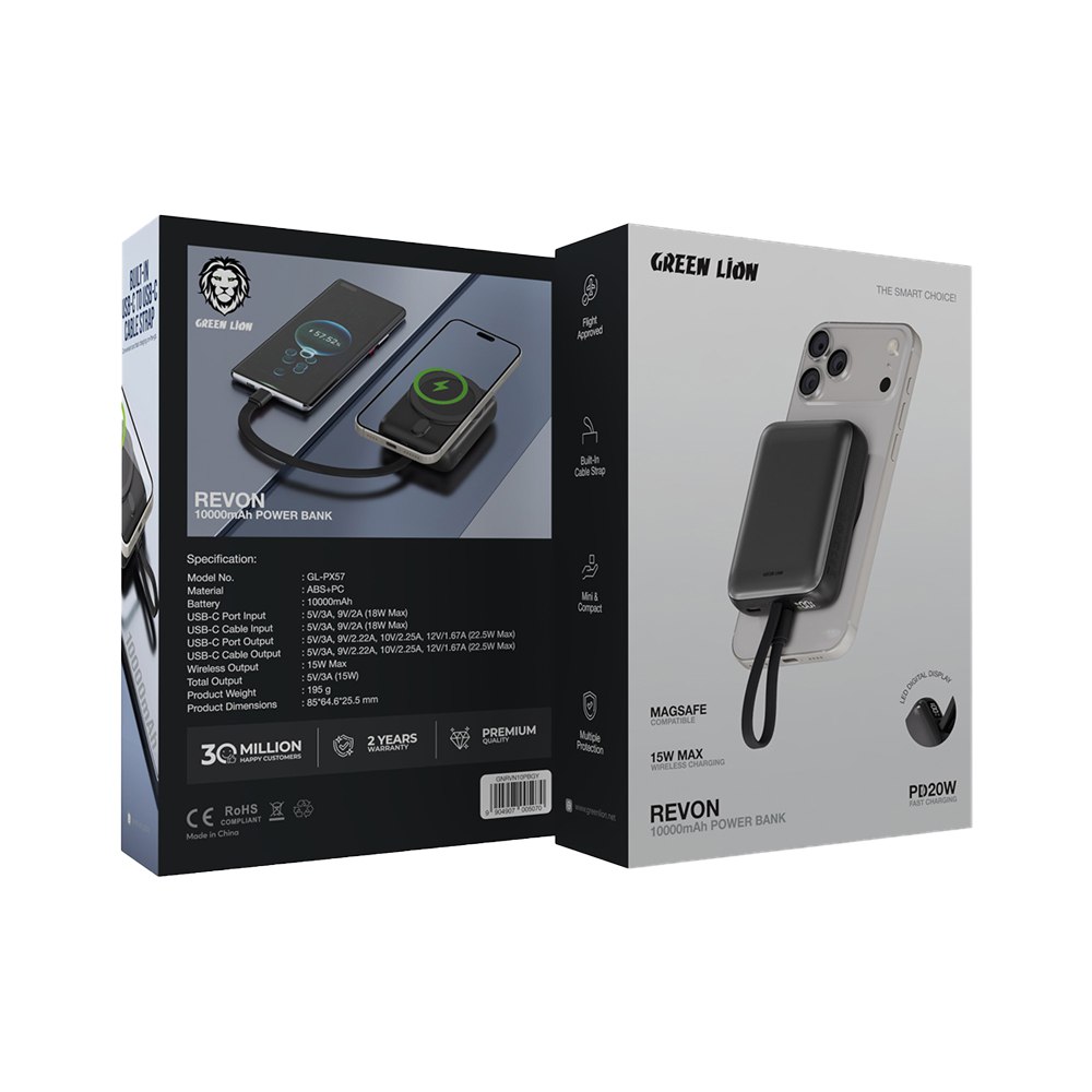 نمای بسته‌بندی و ارائه محصول پاوربانک Green Lion Revon 10000mAh PD 20W MagSafe | پاوربانک | خرید آنلاین