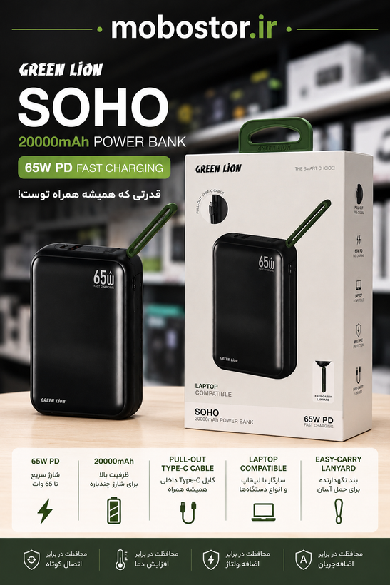 نمای اصلی محصول و طراحی کلی پاوربانک گرین لاین مدل Soho ظرفیت 20000 میلی آمپر ساعت | پاوربانک | خرید آنلاین