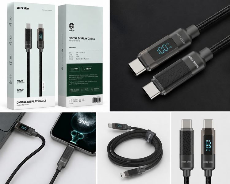 نمای اصلی محصول و طراحی کلی کابل شارژ Green Lion Digital Display USB-C to USB-C 100W | شارژر و لوازم شارژ | خرید آنلاین