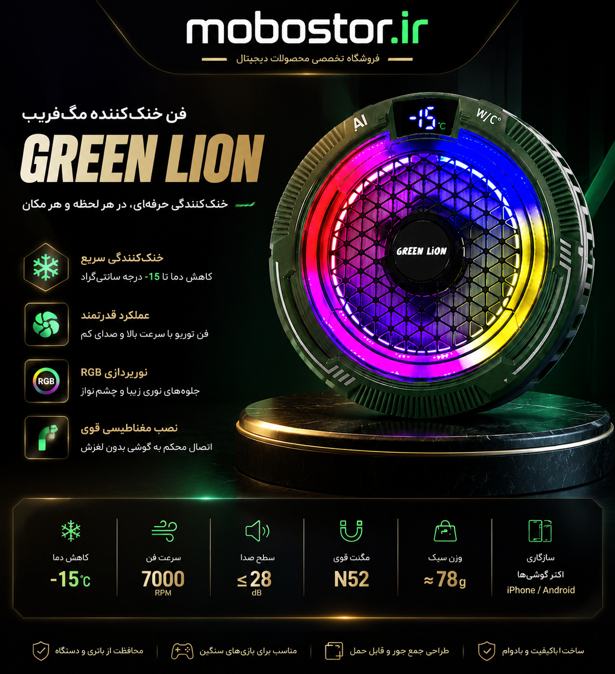 نمای نزدیک از جزئیات و ساختار محصول فن خنک کننده مگ سیف گرین لاین مدلGREEN LION MAG FREEZE GWC-15 | گجت و لوازم الکترونیکی | خرید آنلاین