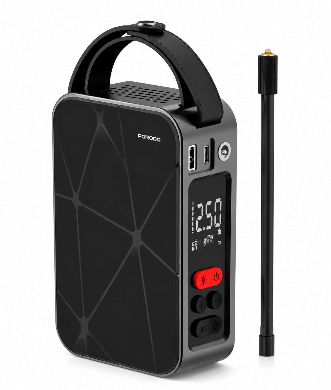 نمای نزدیک از جزئیات و ساختار محصول پمپ باد شارژی پرودو مدل FLATOR 4000mAh CAR TIRE INFLATOR | شارژر و لوازم شارژ | خرید آنلاین