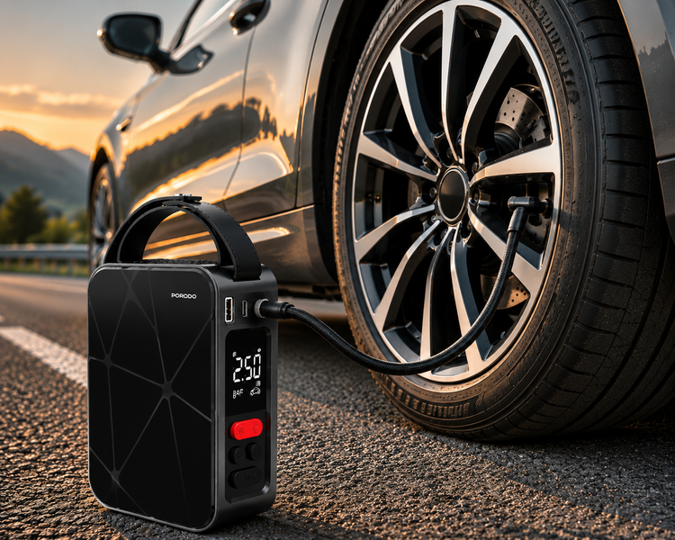 نمای جانبی و ابعاد ظاهری محصول پمپ باد شارژی پرودو مدل FLATOR 4000mAh CAR TIRE INFLATOR | شارژر و لوازم شارژ | خرید آنلاین