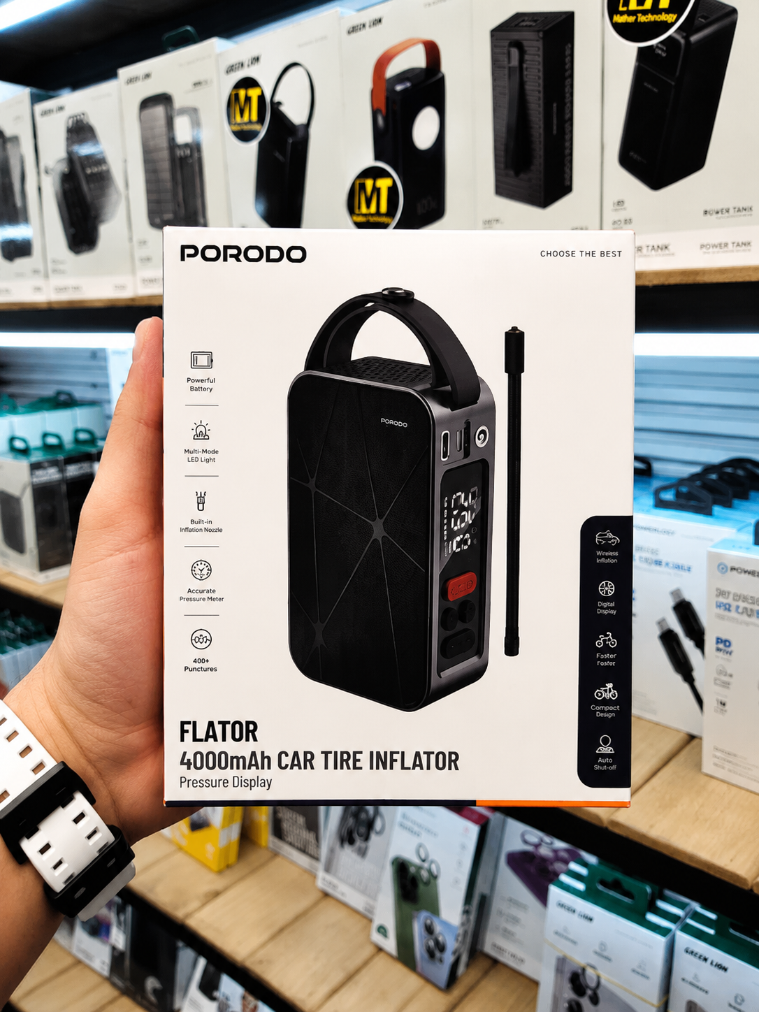 نمای پشت و بخشهای قابل مشاهده محصول پمپ باد شارژی پرودو مدل FLATOR 4000mAh CAR TIRE INFLATOR | شارژر و لوازم شارژ | خرید آنلاین