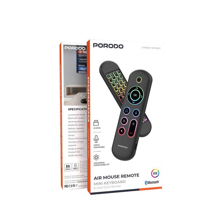 نمای بستهبندی و ارائه محصول مینی ماوس و کیبورد بیسیم پورودو (Porodo Air Mouse Remote Mini Keyboard) | ماوس | خرید آنلاین