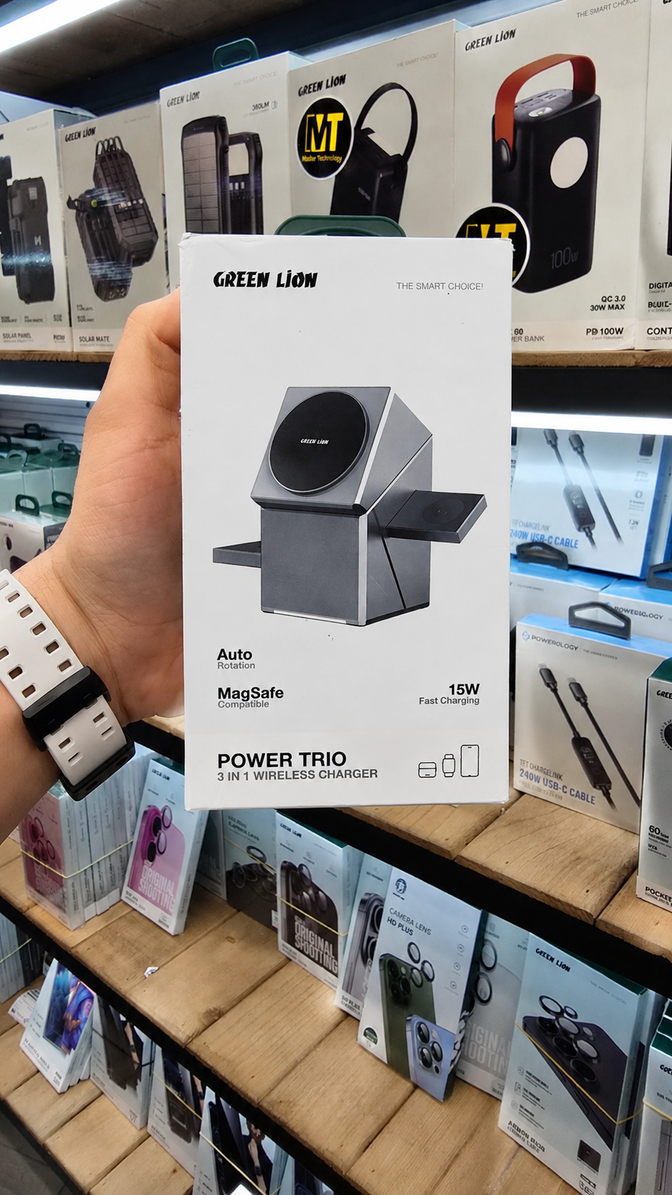 نمای اصلی محصول و طراحی کلی شارژ وایرلس گرین لاین 3 در 1 Power Trio ظرفیت 15 وات | شارژر و لوازم شارژ | خرید آنلاین