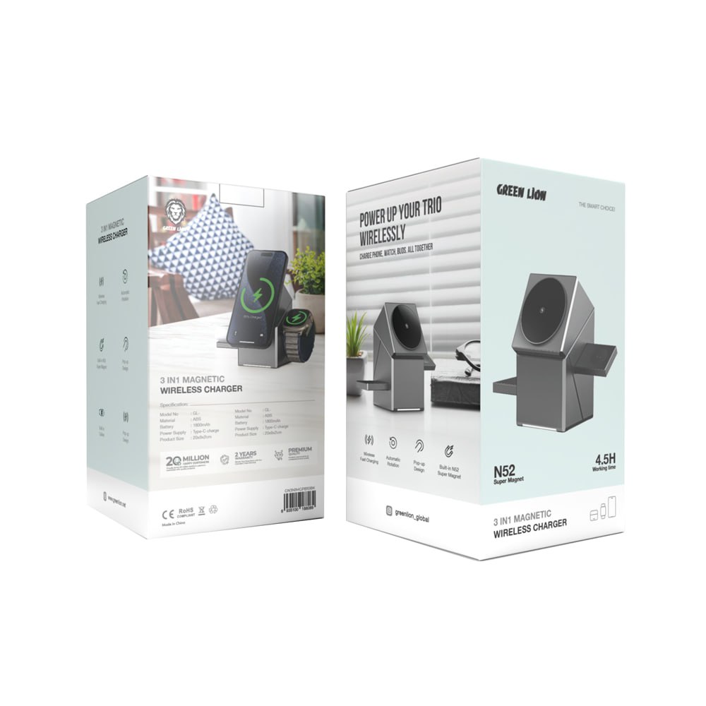 نمای پشت و بخشهای قابل مشاهده محصول شارژ وایرلس گرین لاین 3 در 1 Power Trio ظرفیت 15 وات | شارژر و لوازم شارژ | خرید آنلاین