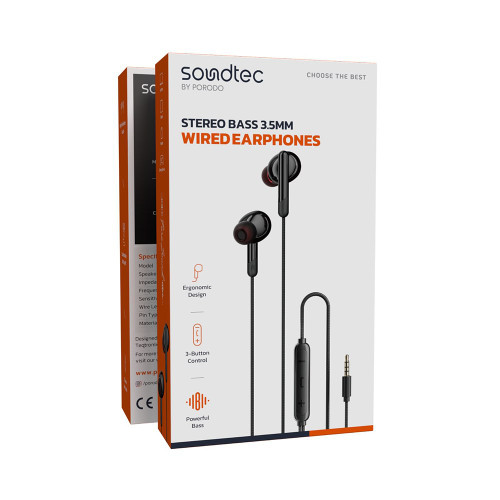 نمای پشت و بخشهای قابل مشاهده محصول هدفون سیمی Soundtec by Porodo مدل PDWEC25BK با جک 3.5 میلیمتری | هدفون و هندزفری | خرید آنلاین