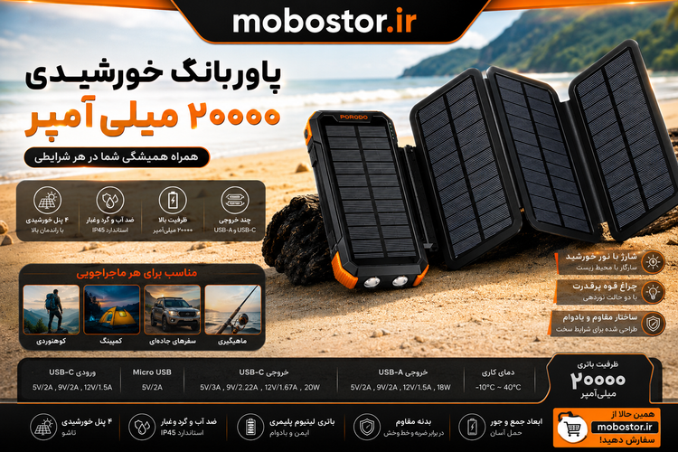 نمای بستهبندی و ارائه محصول پاوربانک خورشیدی پرودو مدل PD-PBFCH070 ظرفیت ۲۰۰۰۰ میلیآمپر با ۴ پنل | پاوربانک | خرید آنلاین
