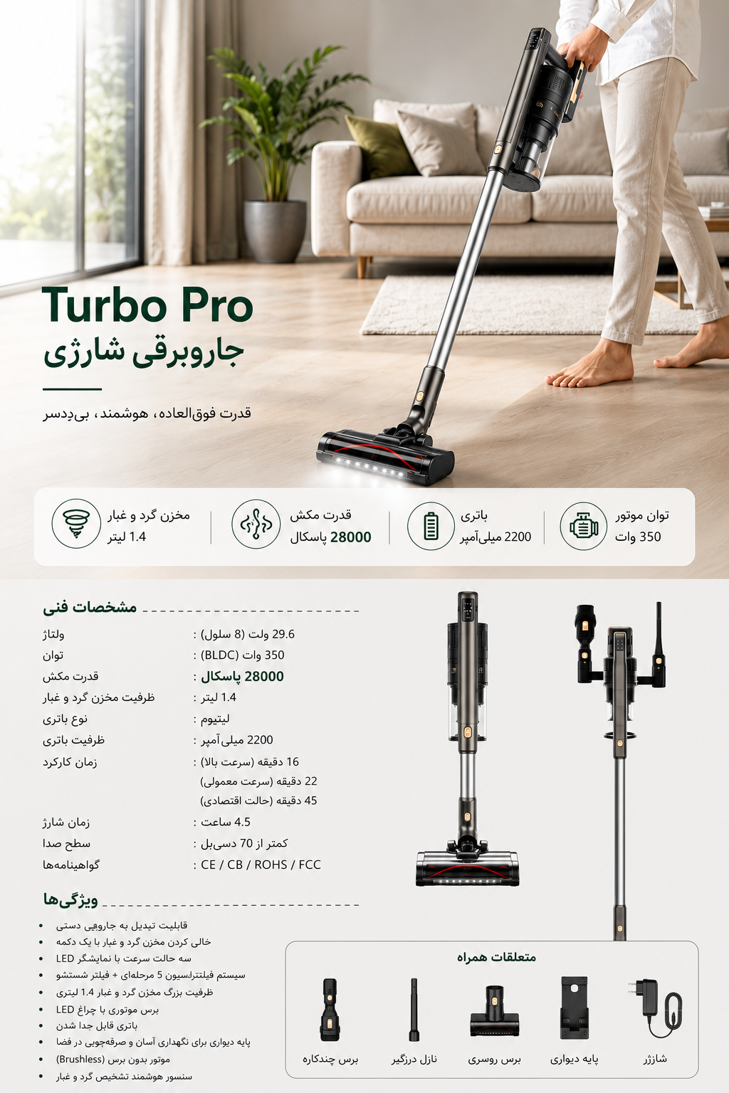 نمای بستهبندی و ارائه محصول جارو شارژی گرین لاین مدل GN350WCVAC | شارژر و لوازم شارژ | خرید آنلاین