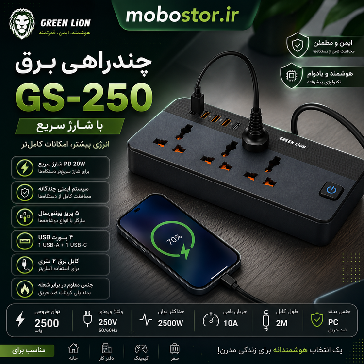 نمای پشت و بخشهای قابل مشاهده محصول چندراهی برق گرین مدل GS-250 با ۵ درگاه و توان ۲۵۰۰ وات | گجت و لوازم الکترونیکی | خرید آنلاین