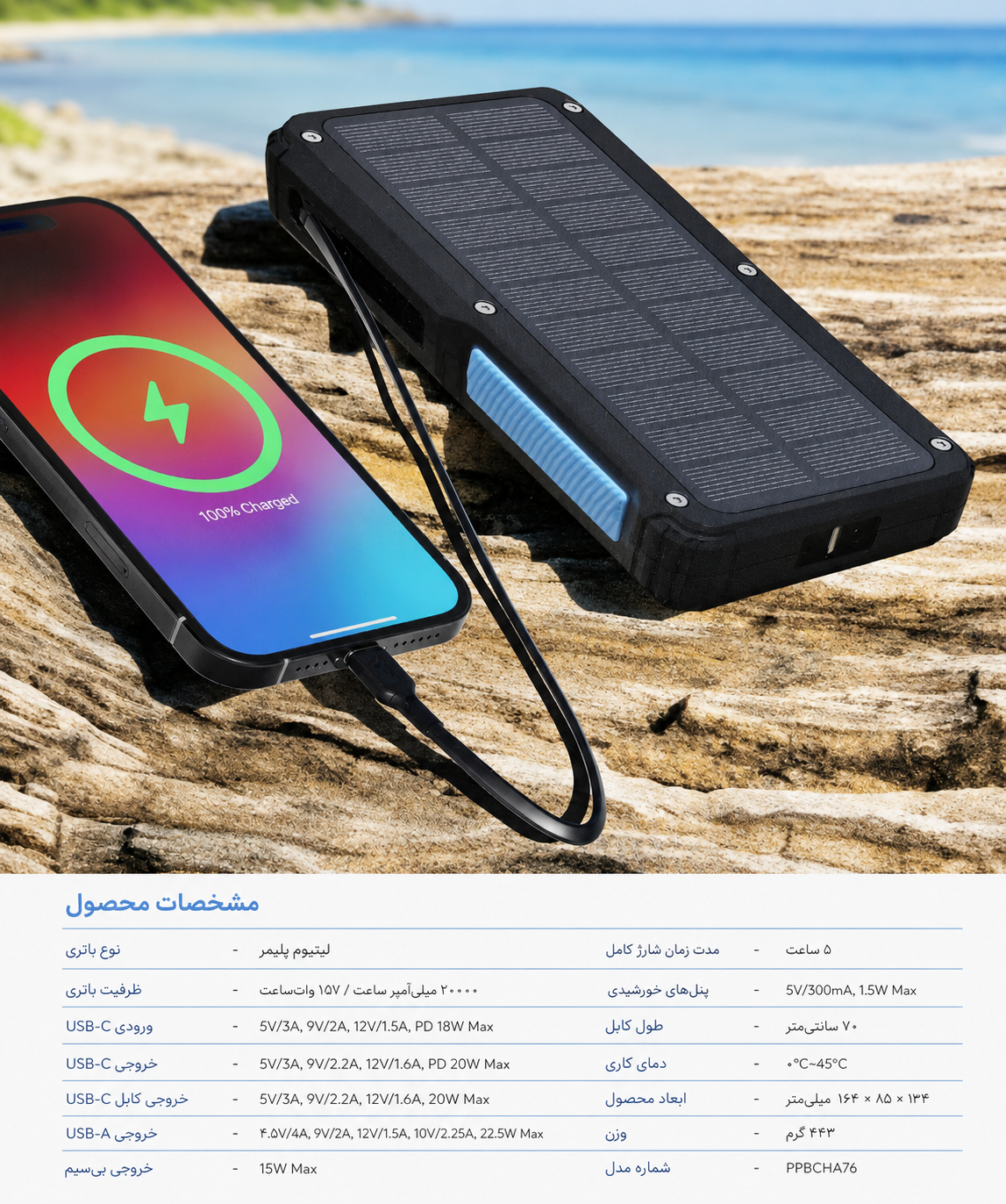 جزئیات طراحی و کیفیت ساخت محصول پاوربانک خورشیدی پاورولوژی مدل PPBCHA76 ظرفیت 20000 میلی آمپر ساعت | پاوربانک | خرید آنلاین