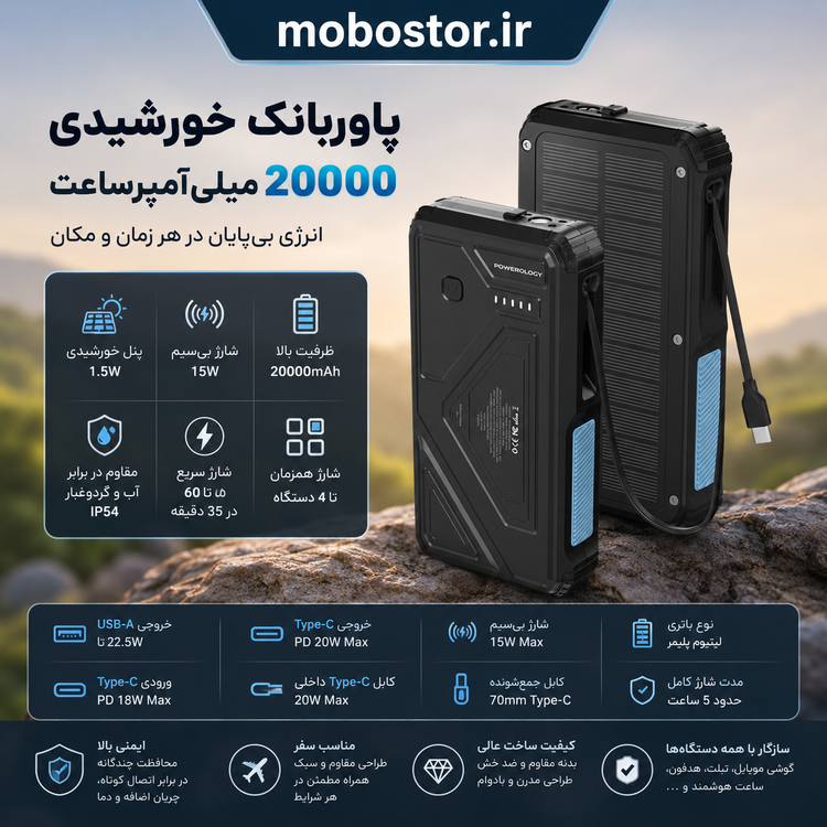 نمای اصلی محصول و طراحی کلی پاوربانک خورشیدی پاورولوژی مدل PPBCHA76 ظرفیت 20000 میلی آمپر ساعت | پاوربانک | خرید آنلاین