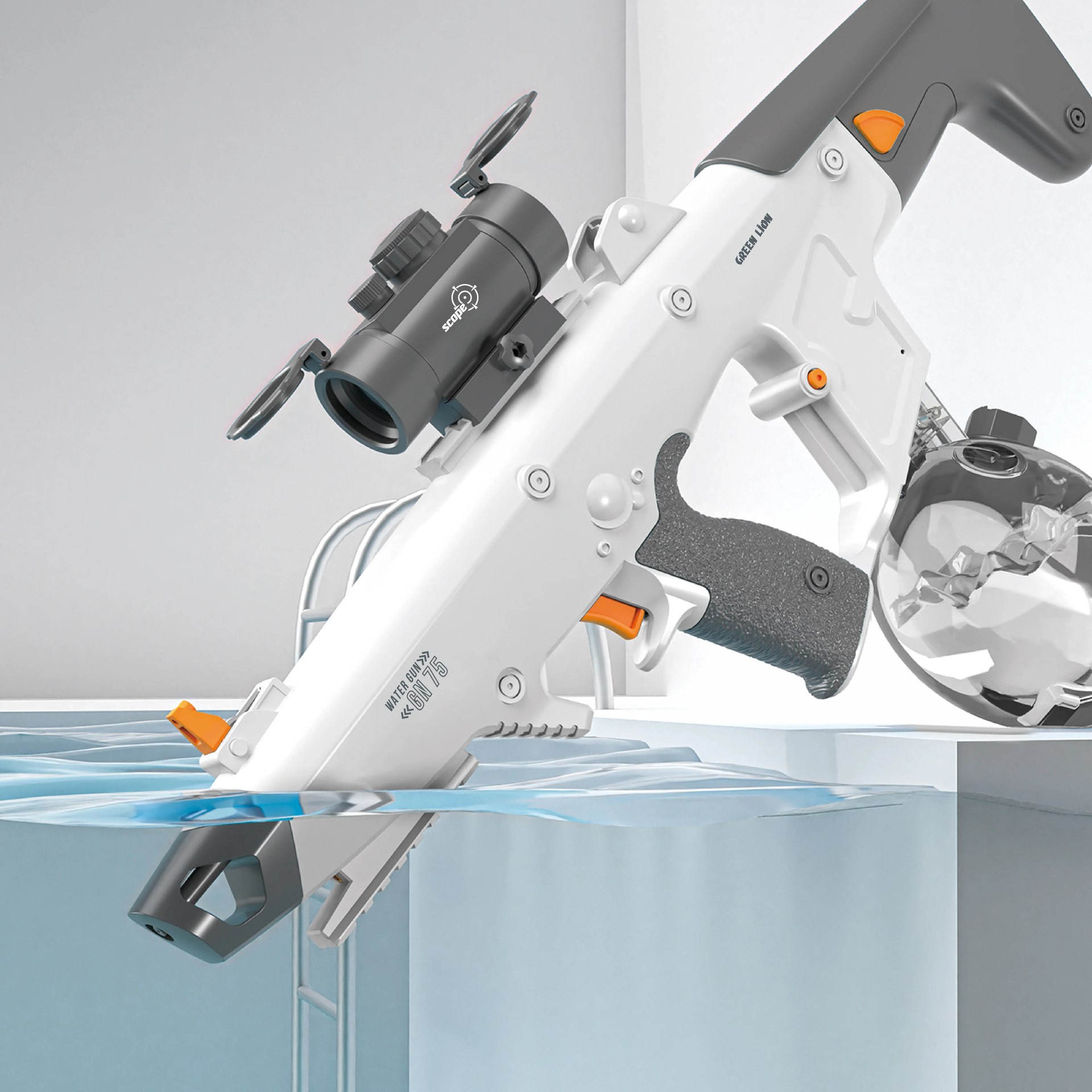 نمای بستهبندی و ارائه محصول تفنگ آبپاش شارژی گرین لاین مدل GN75 Electric Water Gun | شارژر و لوازم شارژ | خرید آنلاین