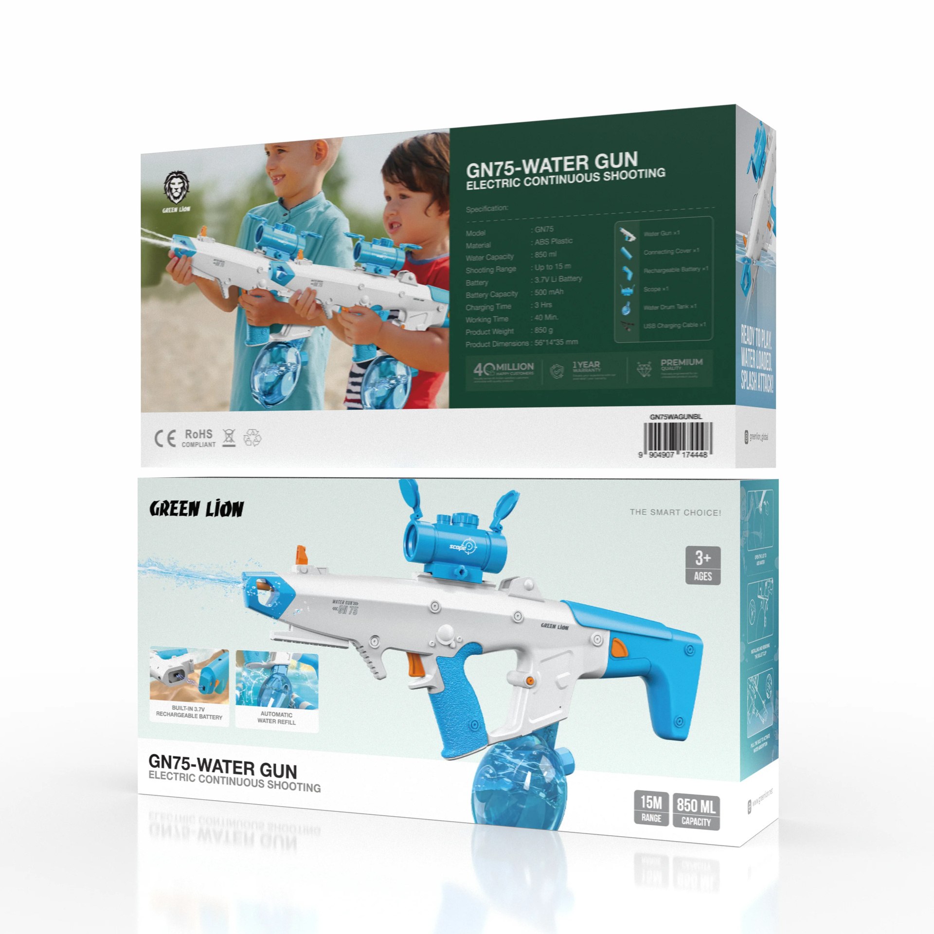 نمای پشت و بخشهای قابل مشاهده محصول تفنگ آبپاش شارژی گرین لاین مدل GN75 Electric Water Gun | شارژر و لوازم شارژ | خرید آنلاین