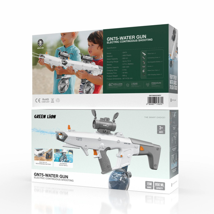 نمای بستهبندی و ارائه محصول تفنگ آبپاش شارژی گرین لاین مدل GN75 Electric Water Gun | شارژر و لوازم شارژ | خرید آنلاین