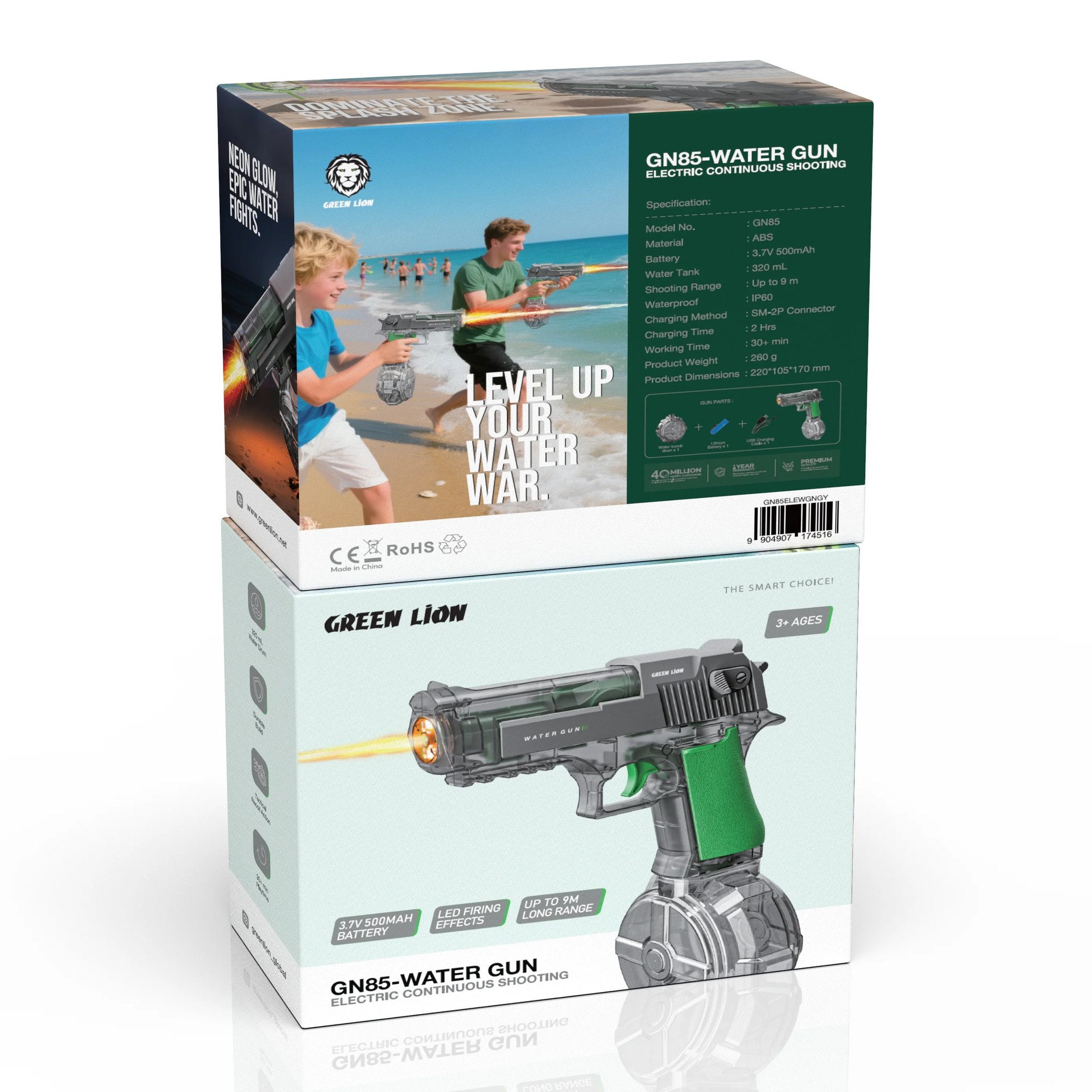 نمای اصلی محصول و طراحی کلی تفنگ آبپاش شارژی گرین لاین مدل Green Lion GN85 Electric Water Gun | شارژر و لوازم شارژ | خرید آنلاین