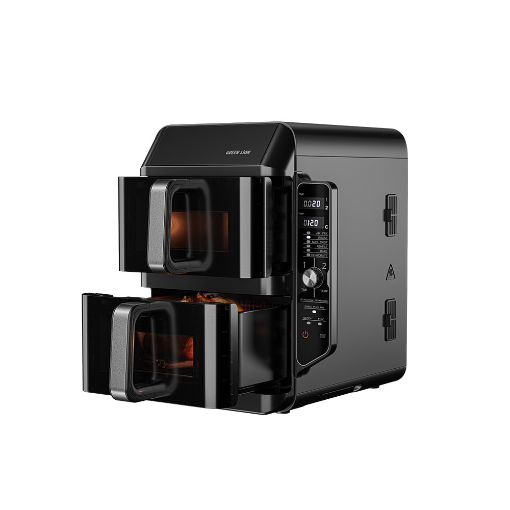 نمای بستهبندی و ارائه محصول سرخکن بدون روغن دیجیتال گرین لاین Double-Decker Pro دو طبقه 11.2 لیتری 2400 وات مدل GNDBLDKRPRBK | گجت و لوازم الکترونیکی | خرید آنلاین