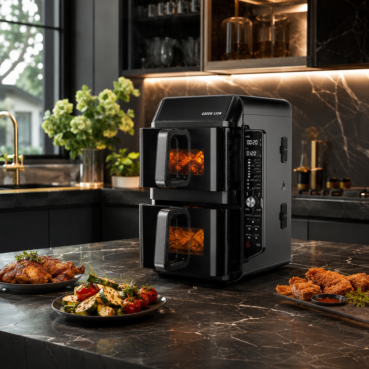 نمای جانبی و ابعاد ظاهری محصول سرخکن بدون روغن دیجیتال گرین لاین Double-Decker Pro دو طبقه 11.2 لیتری 2400 وات مدل GNDBLDKRPRBK | گجت و لوازم الکترونیکی | خرید آنلاین