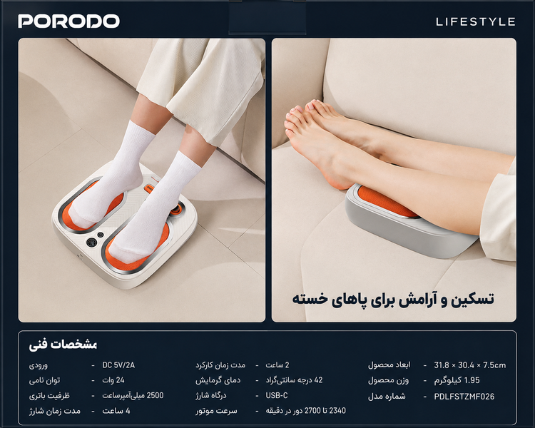 نمای پشت و بخشهای قابل مشاهده محصول ماساژور کف پا حرارتی بیسیم پرودو مدل PDLFSTZMF026 | Cordless Heated Foot Massager | گجت و لوازم الکترونیکی | خرید آنلاین