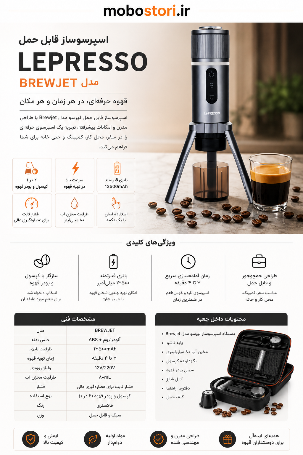 نمای اصلی محصول و طراحی کلی اسپرسوساز قابل حمل لپرسو Brewjet مدل LPPECFFMGY | لوازم جانبی موبایل | خرید آنلاین