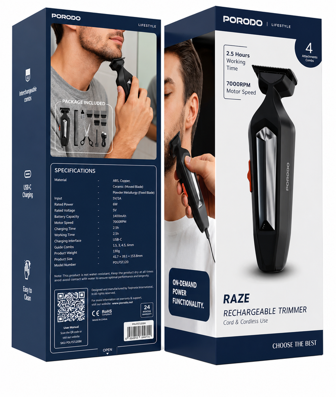 نمای بستهبندی و ارائه محصول ماشین اصلاح شارژی پرودو Lifestyle Raze مدل PDLFSTJ20BK | شارژر و لوازم شارژ | خرید آنلاین