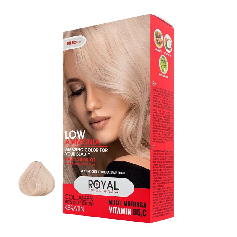 جزئیات طراحی و ویژگی‌های قابل مشاهده کیت رنگ مو رویال کد 90.02 حجم 100 میلی‌لیتر رنگ صدفی