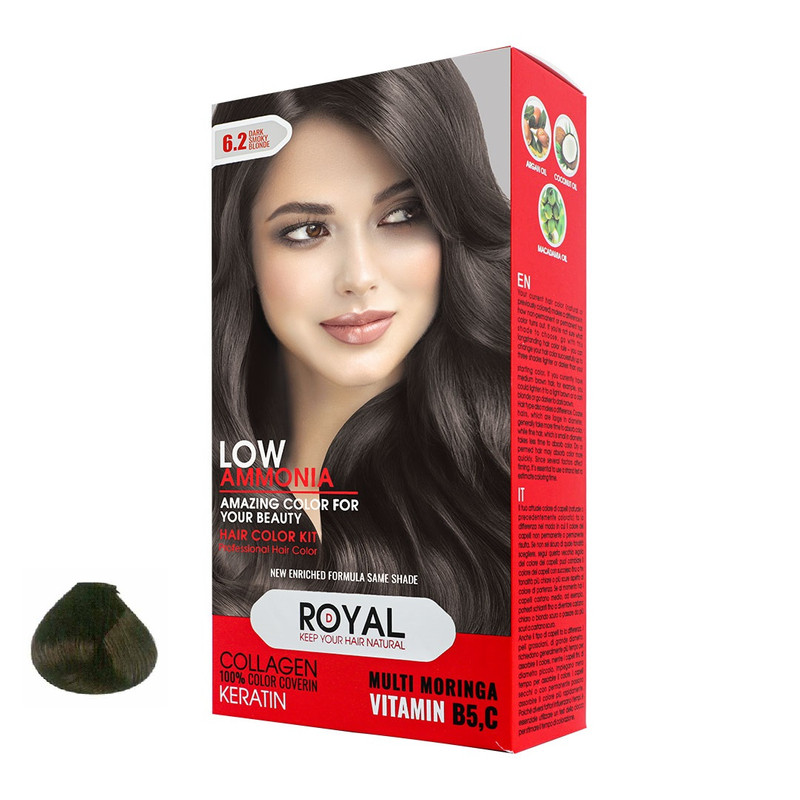 جزئیات طراحی و ویژگیهای قابل مشاهده کیت رنگ مو رویال کد 6.2 حجم 100 میلیلیتر رنگ بلوند دودی تیره