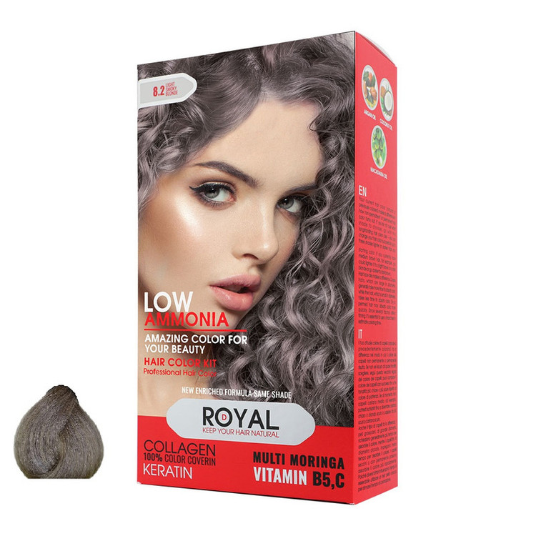 جزئیات طراحی و ویژگیهای قابل مشاهده کیت رنگ مو رویال شماره 8.2 حجم 100 میلیلیتر رنگ بلوند دودی روشن