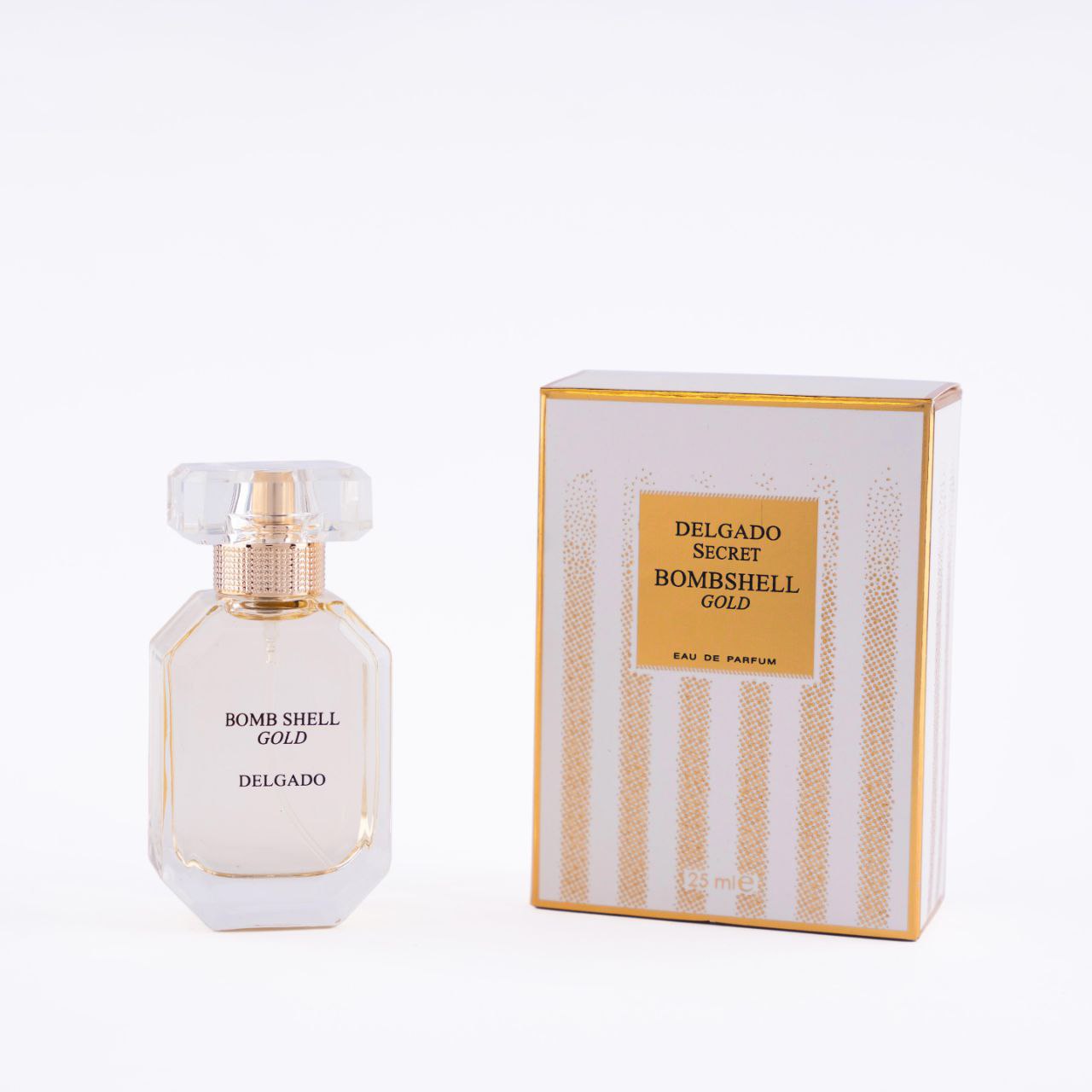 فرم بسته‌بندی و ظاهر محصول در نمای معرفی عطر جیبی زنانه دلگادو مدل Bomb shell gold حجم25 ml