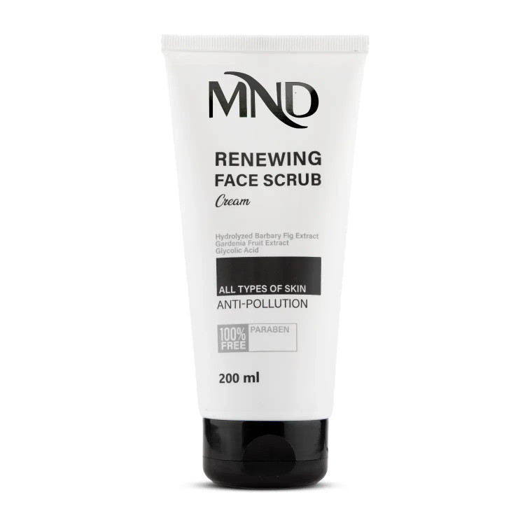 نمای نزدیک برای بررسی مدل و فرم محصول کرم اسکراب بازسازی کننده سطح پوست صورت مناسب انواع پوست ام ان دی 200 میلیلیتر