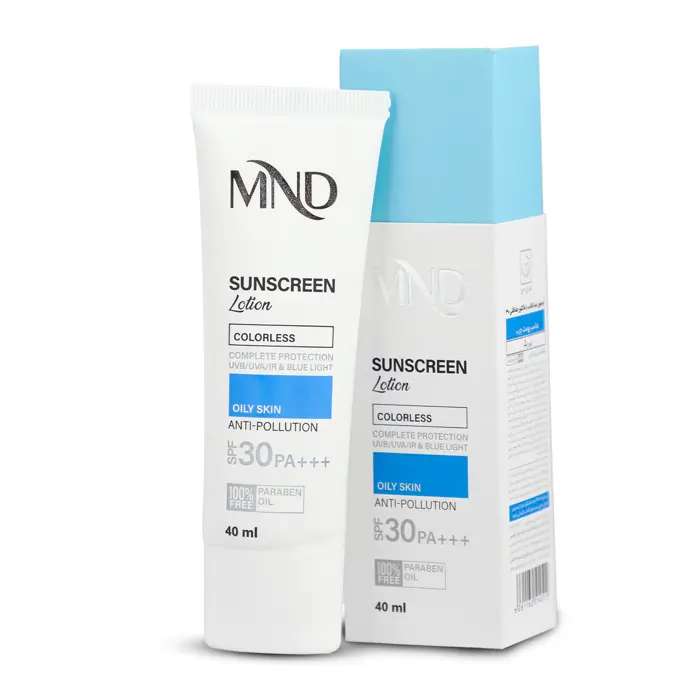 فرم بسته‌بندی و ظاهر محصول در نمای معرفی لوسیون ضدآفتاب با فاکتور حفاظتی 30 (SPF 30) مناسب پوست چرب ام ان دی 40 میلی‌لیتر