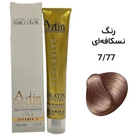 فرم بستهبندی و ظاهر محصول در نمای معرفی رنگ مو آرتین 100 میل نسکافه ای شماره 7.77