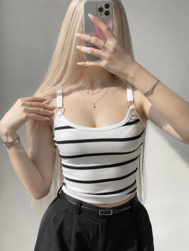 جزئیات دوخت و فرم محصول کراپ راه راه بند حلقه دار زنانه کد ۱۰۹۰