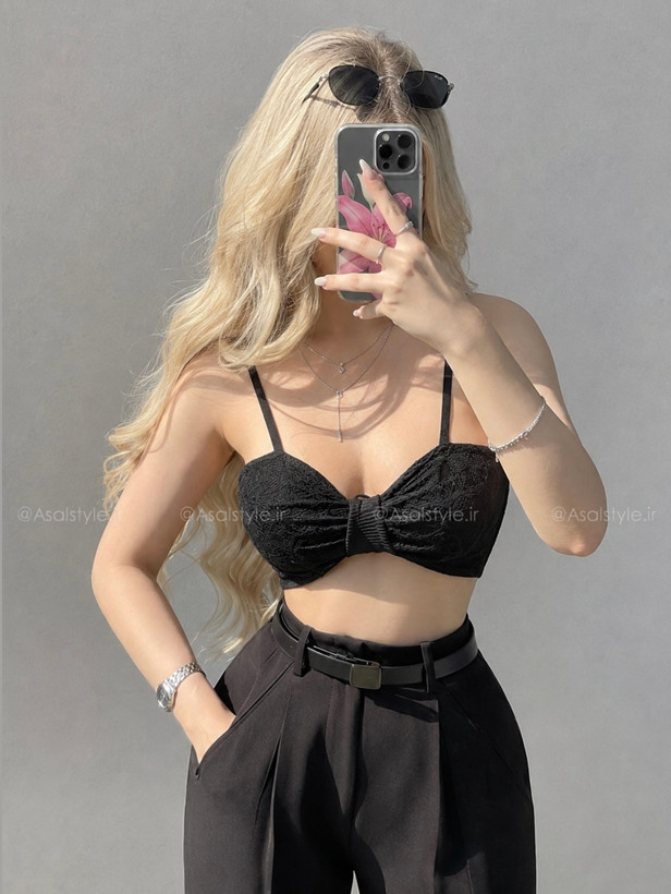 جزئیات دوخت و فرم محصول کراپ پاپیونی دانتل زنانه کد ۱۲۲۰