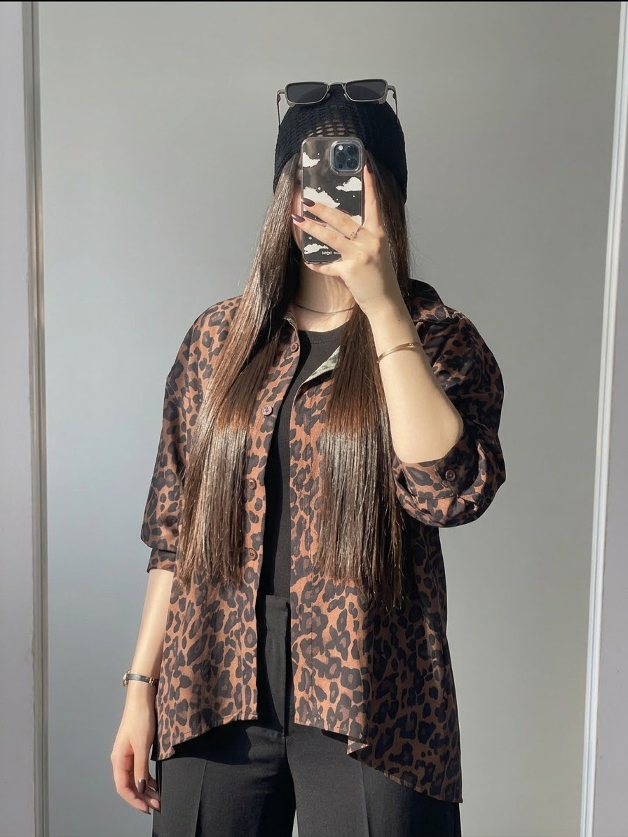جزئیات دوخت و فرم محصول شومیز پلنگی زنانه کد ۱۲۴۲