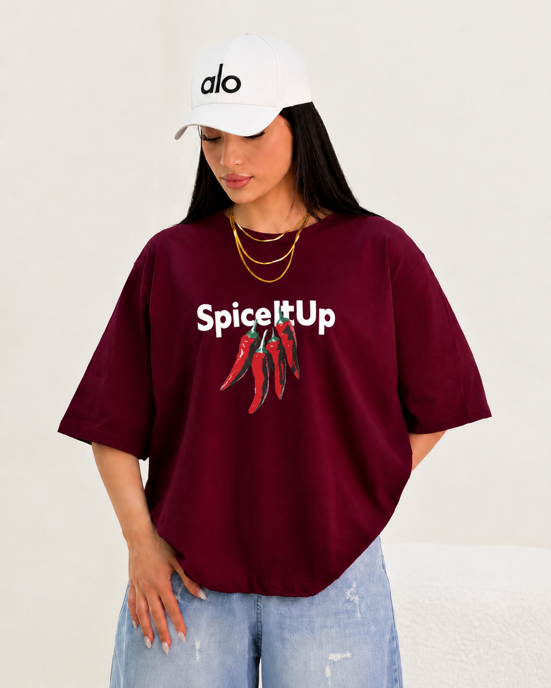 نمای محصول تیشرت باکسی فلفل کیفیت عالی و طراحی شیک با تمامی جزئیات ظاهری و بسته‌بندی