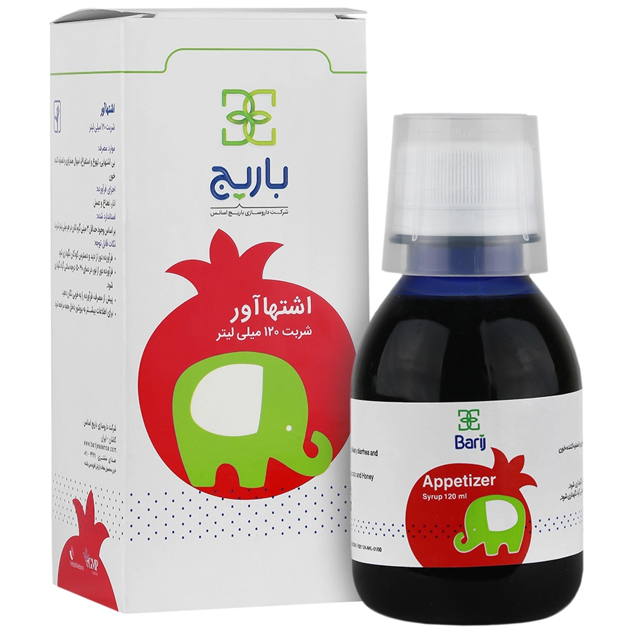 بسته‌بندی اورجینال شربت اشتهاآور کودک باریج اسانس کیفیت و اصالت تضمینی همراه با مشخصات محصول