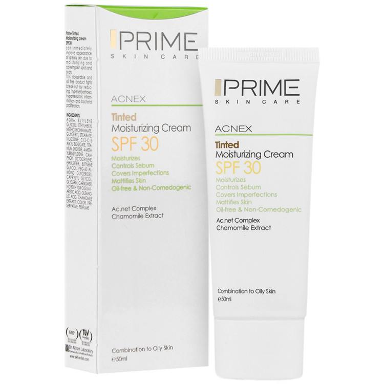 بستهبندی اورجینال کرم مرطوب کننده رنگی SPF30 پریم مراقبت حرفهای از پوست همراه با مشخصات محصول