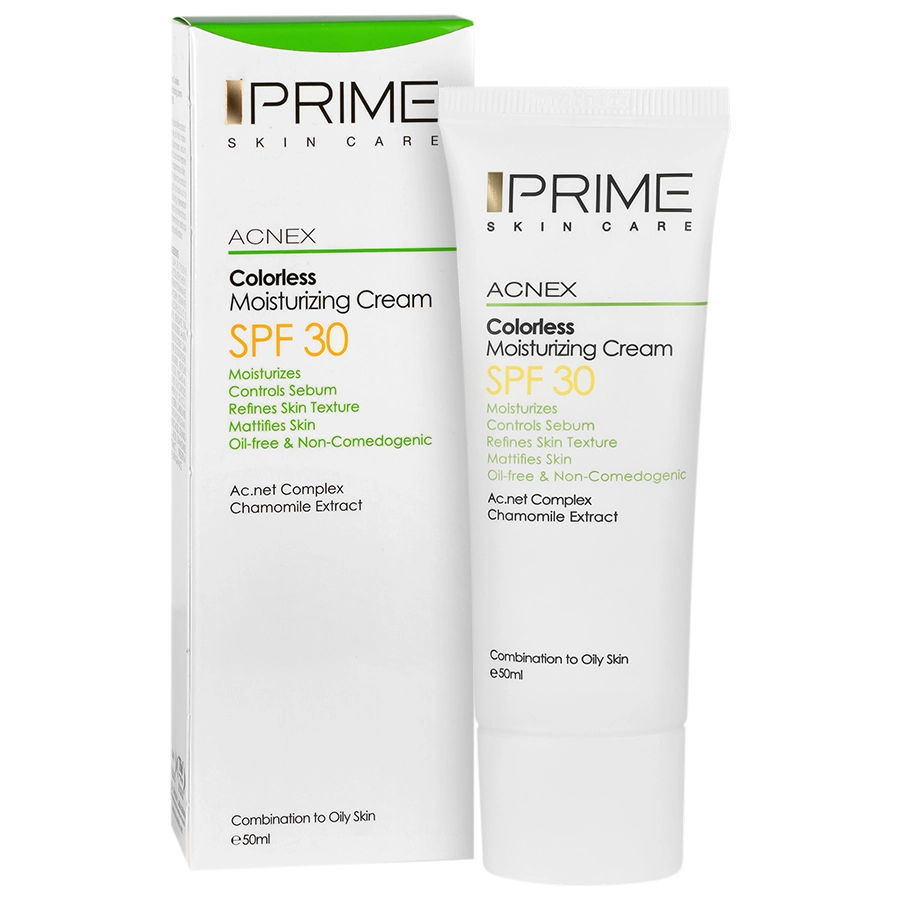 بسته‌بندی اورجینال کرم مرطوب کننده بدون رنگ SPF30 پریم مراقبت حرفه‌ای از پوست همراه با مشخصات محصول