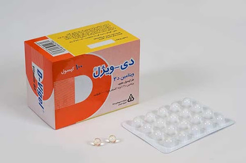 نمای جانبی و طراحی ظاهری کپسول ویتامین D3 دی ویژل 50000 دانا 100 عددی کیفیت و اصالت تضمینی با رنگبندی جذاب