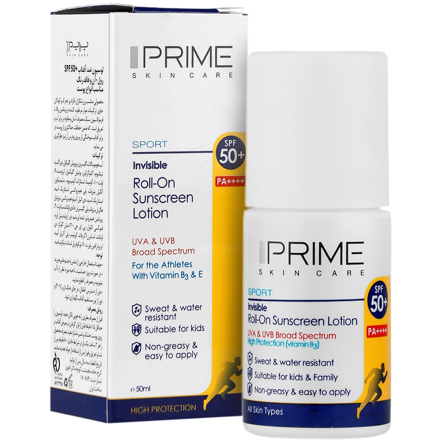 بستهبندی اورجینال لوسیون ضد آفتاب رول آن +SPF50 پریم کیفیت بالا و ماندگار همراه با مشخصات محصول