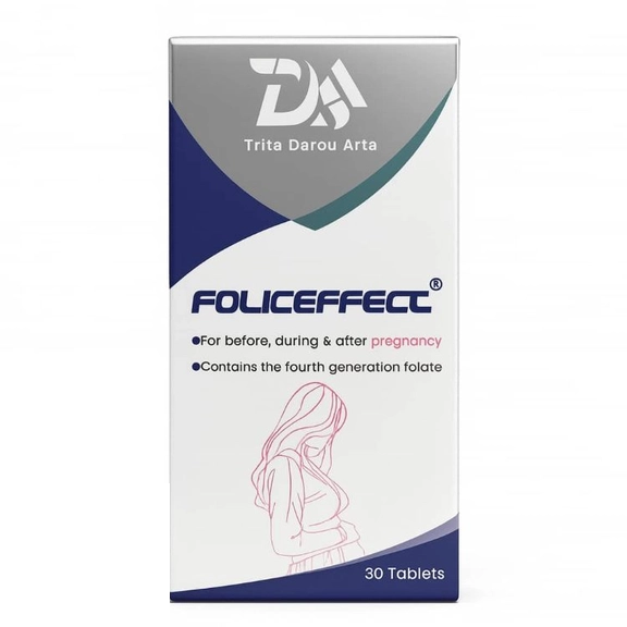 نمای جانبی و طراحی ظاهری قرص فولیک ایفکت تریتا دارو بسته 30 عددی کیفیت و اصالت تضمینی با رنگ‌بندی جذاب